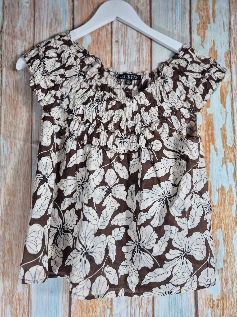 J. Crew Brown and Cream Floral Smocked Off-Shoulder Tunic Size XXS